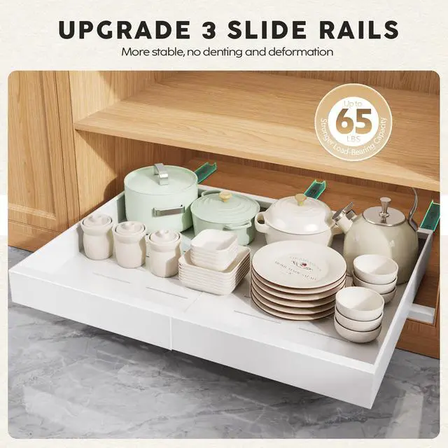 Alt view image 5 of 7 - 2 Pack Pull Out Cabinet Organizers 21" Deep With Raising Pad for Framed Cabinets, Expandable Width (15.2"-26.3") Slide Out Drawers Upgrade 3 Slide Rails, Roll Out Shelves Adhesive, White