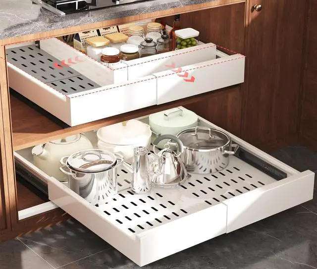 Main image of Pull Out Cabinet Organizer,4-Side Expandable to Maximize Cabinet Space,Slide Out Drawers with 3 Rail Design,Roll Out Shelf with Raising Pad for Framed Cabinet,13"-21"W x 17"-24"D,White,2 Pack