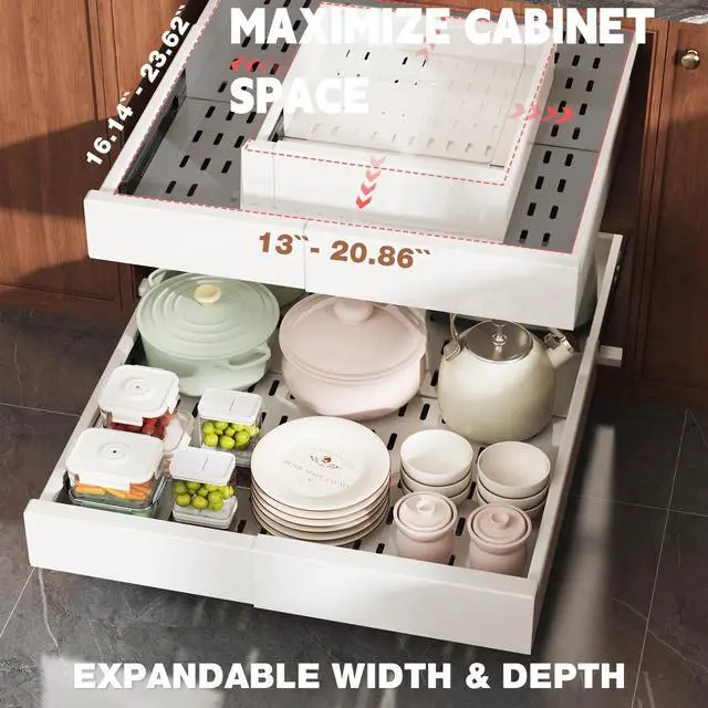 Alt view image 2 of 7 - Pull Out Cabinet Organizer,4-Side Expandable to Maximize Cabinet Space,Slide Out Drawers with 3 Rail Design,Roll Out Shelf with Raising Pad for Framed Cabinet,13"-21"W x 17"-24"D,White,2 Pack