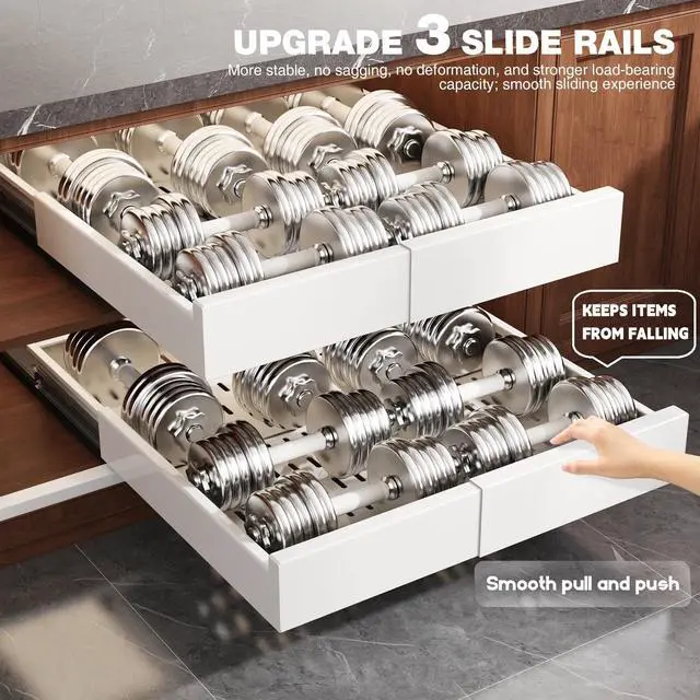 Alt view image 3 of 7 - Pull Out Cabinet Organizer,4-Side Expandable to Maximize Cabinet Space,Slide Out Drawers with 3 Rail Design,Roll Out Shelf with Raising Pad for Framed Cabinet,13"-21"W x 17"-24"D,White,2 Pack