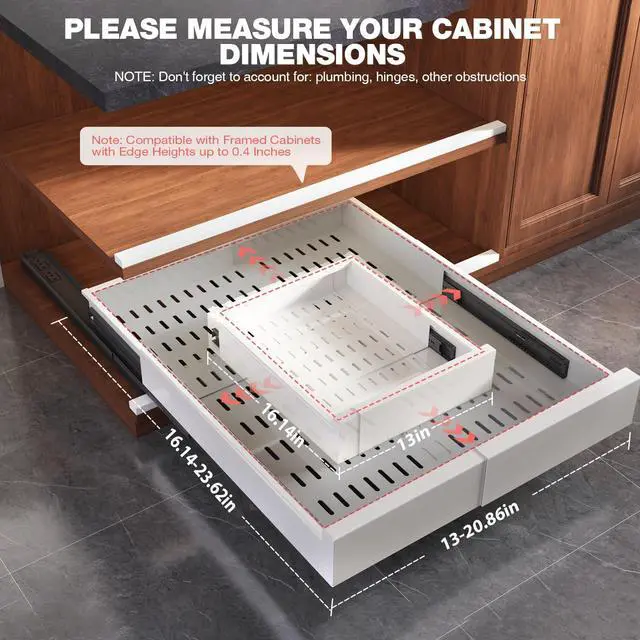 Alt view image 6 of 7 - Pull Out Cabinet Organizer,4-Side Expandable to Maximize Cabinet Space,Slide Out Drawers with 3 Rail Design,Roll Out Shelf with Raising Pad for Framed Cabinet,13"-21"W x 17"-24"D,White,2 Pack