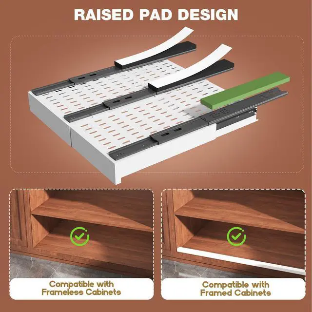 Alt view image 4 of 7 - Pull Out Cabinet Organizer,4-Side Expandable to Maximize Cabinet Space,Slide Out Drawers with 3 Rail Design,Roll Out Shelf with Raising Pad for Framed Cabinet,13"-21"W x 17"-24"D,White,2 Pack