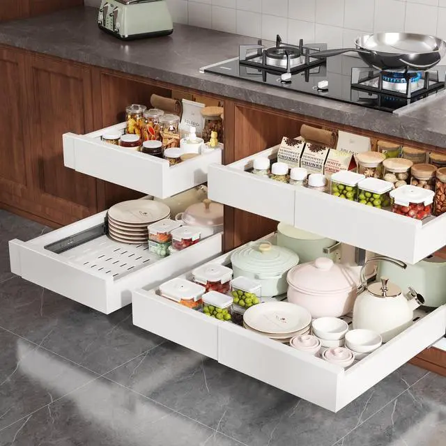Alt view image 7 of 7 - Pull Out Cabinet Organizer,4-Side Expandable to Maximize Cabinet Space,Slide Out Drawers with 3 Rail Design,Roll Out Shelf with Raising Pad for Framed Cabinet,13"-21"W x 17"-24"D,White,2 Pack