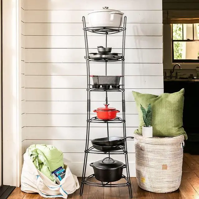 Alt view image 2 of 5 - Cookware Storage Tower - 6-Tier - Multi-Tier Storage Rack for Cookware & Accessories - Space-Saving Organizer for Cast Iron, Lids & Kitchen Essentials - Matte Black