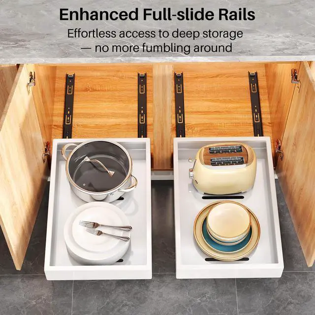 Alt view image 4 of 7 - 2Pack Pull out Cabinet Organizer, 21"Deep, Heavy Duty Full-extension Slide out Drawers for Kitchen Cabinet, Roll out Shelf Storage with Nano Adhesive for Pots, Bathroom, Pantry, Home, White