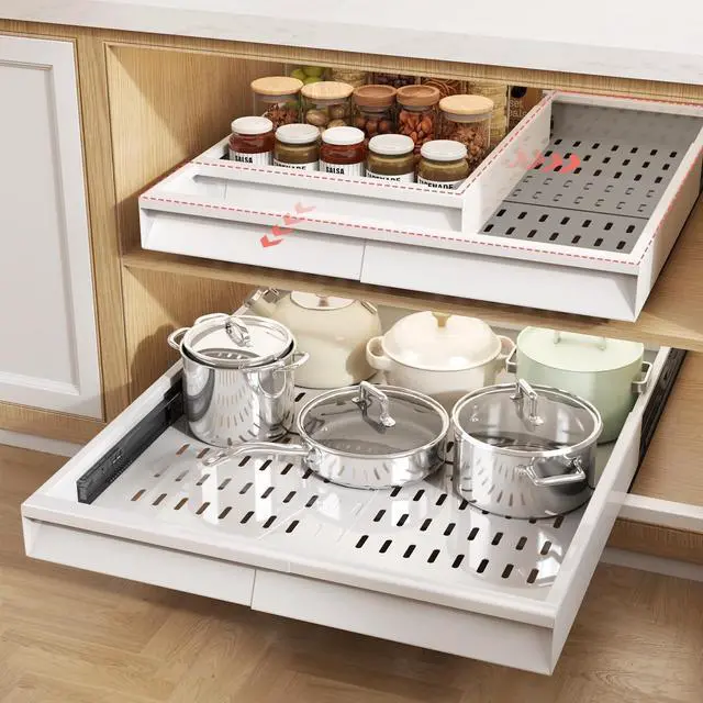 Main image of Pull Out Cabinet Organizer, 4-Side Expandable to Fit Most Cabinets, 3 Rail Slide Out Drawers with Raising Pad for Framed & Frameless Cabinets, 13"-21" W x 17"-24" D, White, 2 Pack
