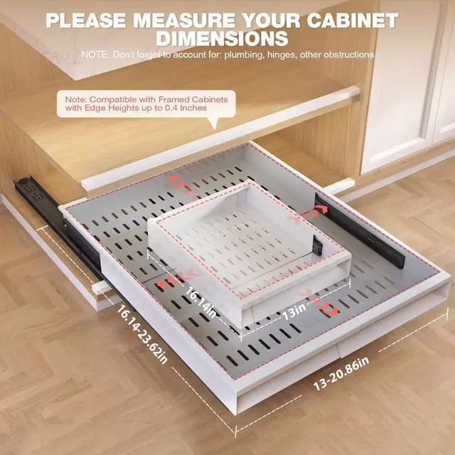 Alt view image 3 of 7 - Pull Out Cabinet Organizer, 4-Side Expandable to Fit Most Cabinets, 3 Rail Slide Out Drawers with Raising Pad for Framed & Frameless Cabinets, 13"-21" W x 17"-24" D, White, 2 Pack
