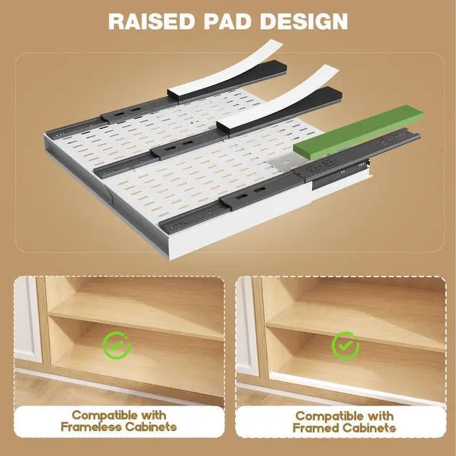 Alt view image 4 of 7 - Pull Out Cabinet Organizer, 4-Side Expandable to Fit Most Cabinets, 3 Rail Slide Out Drawers with Raising Pad for Framed & Frameless Cabinets, 13"-21" W x 17"-24" D, White, 2 Pack
