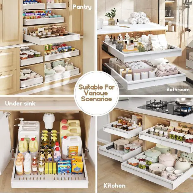 Alt view image 6 of 7 - Pull Out Cabinet Organizer, 4-Side Expandable to Fit Most Cabinets, 3 Rail Slide Out Drawers with Raising Pad for Framed & Frameless Cabinets, 13"-21" W x 17"-24" D, White, 2 Pack