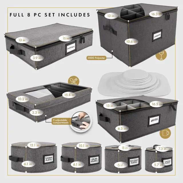 Alt view image 2 of 7 - 8pcs Hard Shell China Storage Containers, Mug Storage, Wine Glass, Utensils, & Plate Storage Containers with Lid, Heavy Duty Dinnerware Storage for Packing Plates, Glassware & Cutlery