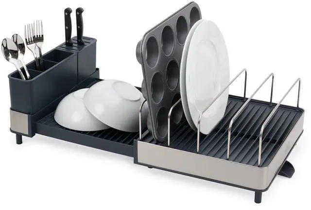 Main image of Extend Max Steel Expanding Dish Drying Rack, high Capacity for Large Items, Cutlery and Knife Holder, Swivel Draining Spout, Stainless Steel