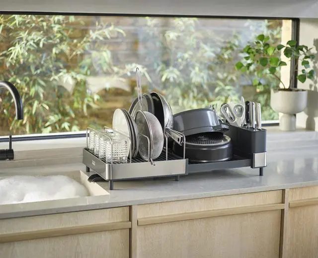 Alt view image 3 of 7 - Extend Max Steel Expanding Dish Drying Rack, high Capacity for Large Items, Cutlery and Knife Holder, Swivel Draining Spout, Stainless Steel