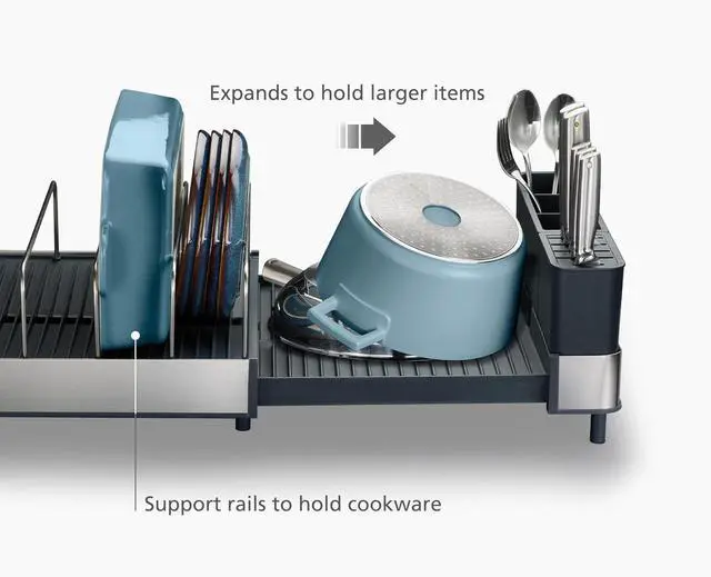 Alt view image 5 of 7 - Extend Max Steel Expanding Dish Drying Rack, high Capacity for Large Items, Cutlery and Knife Holder, Swivel Draining Spout, Stainless Steel