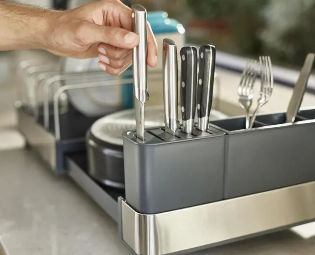 Alt view image 7 of 7 - Extend Max Steel Expanding Dish Drying Rack, high Capacity for Large Items, Cutlery and Knife Holder, Swivel Draining Spout, Stainless Steel