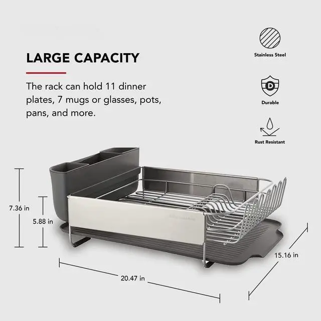 Alt view image 3 of 6 - Large Capacity, Fully Size Self Draining Rust Resistatant Satin Coated Dish Rack with Removable Flatware Caddy 20.47-Inch, Gray