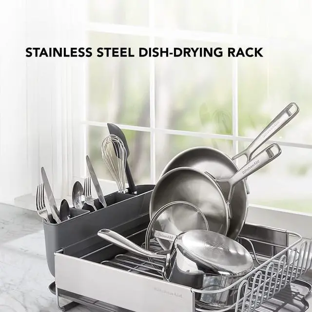Alt view image 2 of 6 - Large Capacity, Fully Size Self Draining Rust Resistatant Satin Coated Dish Rack with Removable Flatware Caddy 20.47-Inch, Gray