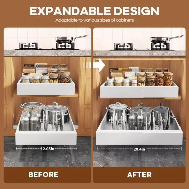 Alt view image 3 of 7 - 4Pack Expandable Pull Out Cabinet Organizer 21"Deep with Raising Pad for Framed Cabinets,Slide Out Drawers with 4pcs Divider Racks,Roll Out Shelves Adhesive,Adjustable Width 12.05"-20.4"White