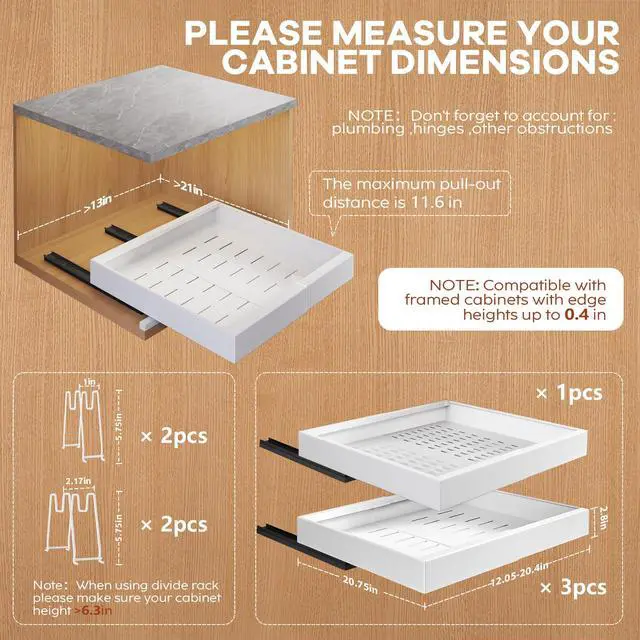 Alt view image 4 of 7 - 4Pack Expandable Pull Out Cabinet Organizer 21"Deep with Raising Pad for Framed Cabinets,Slide Out Drawers with 4pcs Divider Racks,Roll Out Shelves Adhesive,Adjustable Width 12.05"-20.4"White