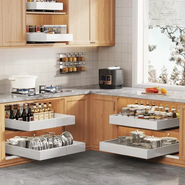 Alt view image 6 of 7 - 4Pack Expandable Pull Out Cabinet Organizer 21"Deep with Raising Pad for Framed Cabinets,Slide Out Drawers with 4pcs Divider Racks,Roll Out Shelves Adhesive,Adjustable Width 12.05"-20.4"White