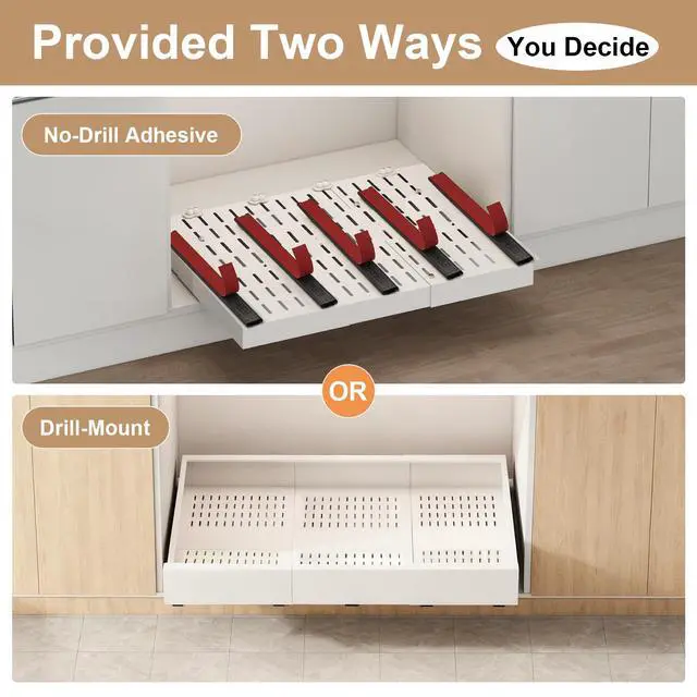 Alt view image 6 of 7 - Pull out Cabinet Organizer,Width (23"-31") and Depth (17"-24") Expandable With 5 Rails,No Drill Adjustable Slide out Drawers for Kitchen,Pantry,Adhesive Roll out Shelves,for Cabinets Without Lip,White