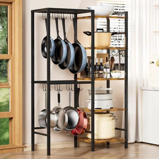 Main image of 5-Tier Pot and Pan Organizer Rack with Hooks, Heavy-Duty Kitchen Storage Shelf for Cookware, Dishes, and Utensils, Freestanding Metal Pot Rack Organizer for Kitchen, Pantry, or Dining Room