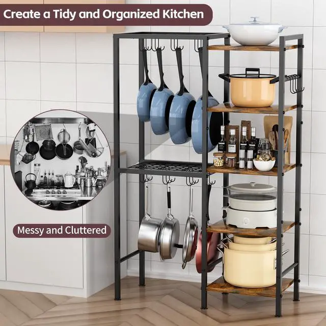 Alt view image 2 of 7 - 5-Tier Pot and Pan Organizer Rack with Hooks, Heavy-Duty Kitchen Storage Shelf for Cookware, Dishes, and Utensils, Freestanding Metal Pot Rack Organizer for Kitchen, Pantry, or Dining Room
