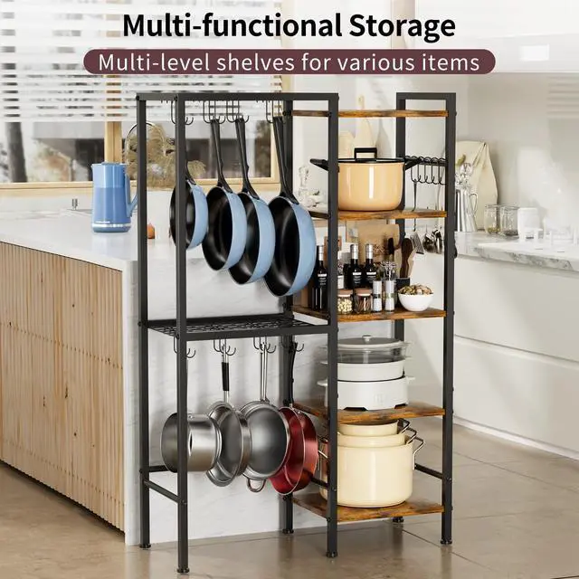 Alt view image 3 of 7 - 5-Tier Pot and Pan Organizer Rack with Hooks, Heavy-Duty Kitchen Storage Shelf for Cookware, Dishes, and Utensils, Freestanding Metal Pot Rack Organizer for Kitchen, Pantry, or Dining Room