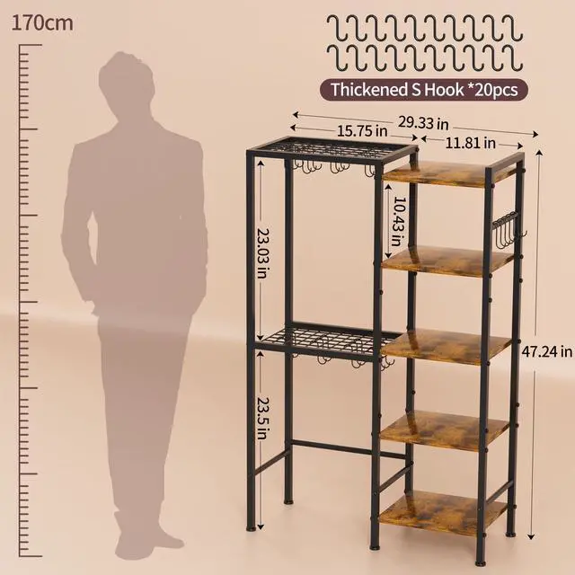 Alt view image 4 of 7 - 5-Tier Pot and Pan Organizer Rack with Hooks, Heavy-Duty Kitchen Storage Shelf for Cookware, Dishes, and Utensils, Freestanding Metal Pot Rack Organizer for Kitchen, Pantry, or Dining Room
