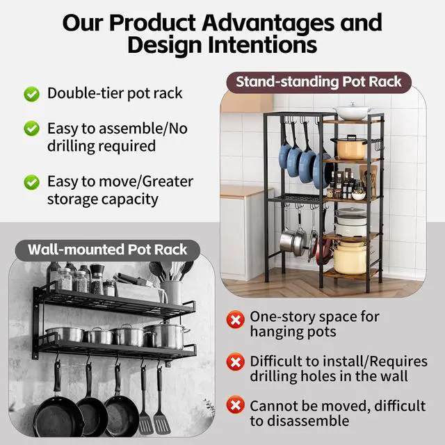 Alt view image 5 of 7 - 5-Tier Pot and Pan Organizer Rack with Hooks, Heavy-Duty Kitchen Storage Shelf for Cookware, Dishes, and Utensils, Freestanding Metal Pot Rack Organizer for Kitchen, Pantry, or Dining Room