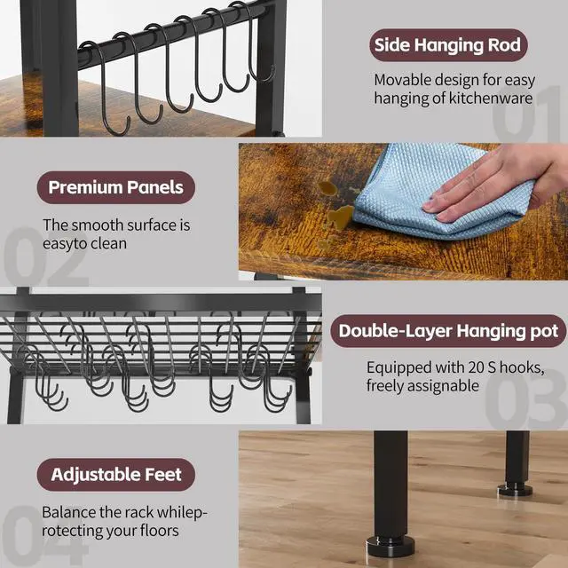 Alt view image 7 of 7 - 5-Tier Pot and Pan Organizer Rack with Hooks, Heavy-Duty Kitchen Storage Shelf for Cookware, Dishes, and Utensils, Freestanding Metal Pot Rack Organizer for Kitchen, Pantry, or Dining Room