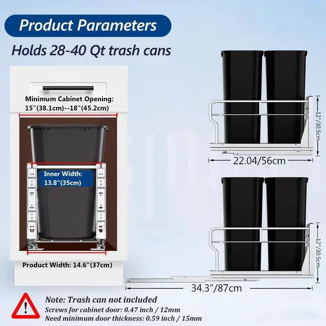 Alt view image 2 of 7 - Dual Pull Out Trash Can Under Cabinet with Soft-Close Slides, Heavy Duty Under Sink Trash Can Kit for Kitchen Sink, Laundry, Garbage Can Not Included, Requires 17" W X 24" D Cabinets