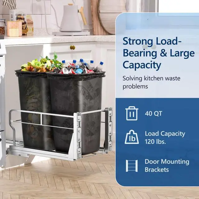 Alt view image 4 of 7 - Dual Pull Out Trash Can Under Cabinet with Soft-Close Slides, Heavy Duty Under Sink Trash Can Kit for Kitchen Sink, Laundry, Garbage Can Not Included, Requires 17" W X 24" D Cabinets