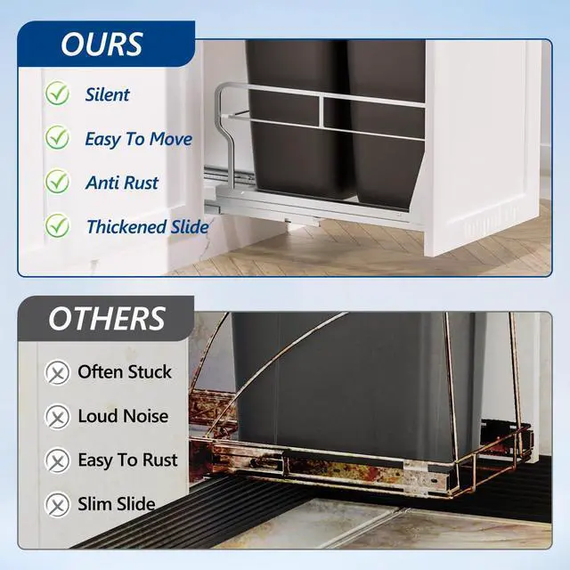 Alt view image 7 of 7 - Dual Pull Out Trash Can Under Cabinet with Soft-Close Slides, Heavy Duty Under Sink Trash Can Kit for Kitchen Sink, Laundry, Garbage Can Not Included, Requires 17" W X 24" D Cabinets