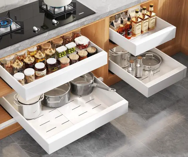 Main image of 4 Pack Expandable Pull Out Cabinet Organizer 21"Deep With Raising Pad for Framed Cabinets,Upgrade 3 Slide Rails Slide Out Drawers,No Drill Roll Out Shelves,Adjustable Width 12.1"-20.4" White