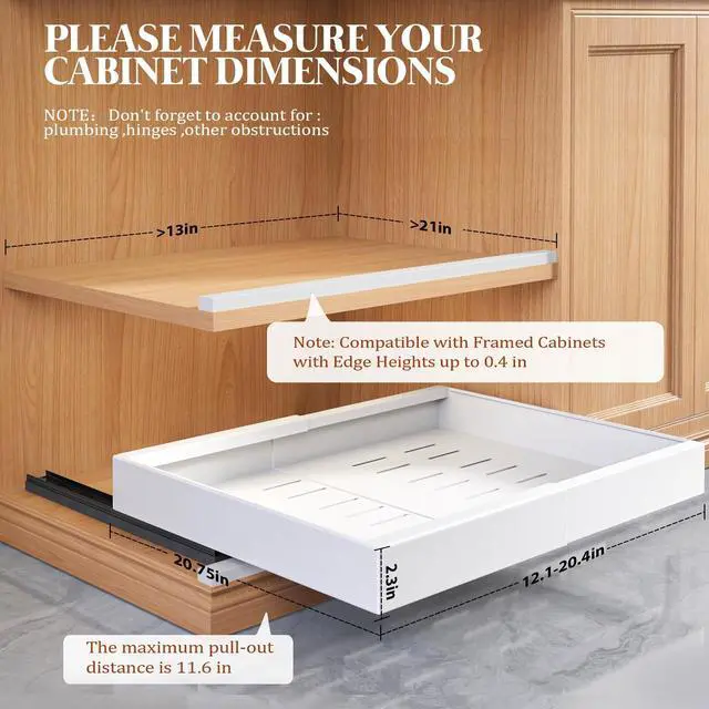 Alt view image 3 of 7 - 4 Pack Expandable Pull Out Cabinet Organizer 21"Deep With Raising Pad for Framed Cabinets,Upgrade 3 Slide Rails Slide Out Drawers,No Drill Roll Out Shelves,Adjustable Width 12.1"-20.4" White
