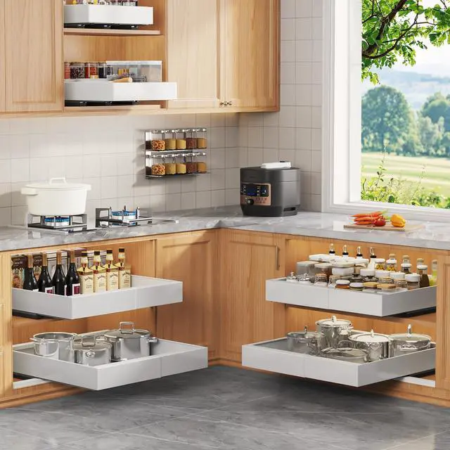 Alt view image 2 of 7 - 4 Pack Expandable Pull Out Cabinet Organizer 21"Deep With Raising Pad for Framed Cabinets,Upgrade 3 Slide Rails Slide Out Drawers,No Drill Roll Out Shelves,Adjustable Width 12.1"-20.4" White