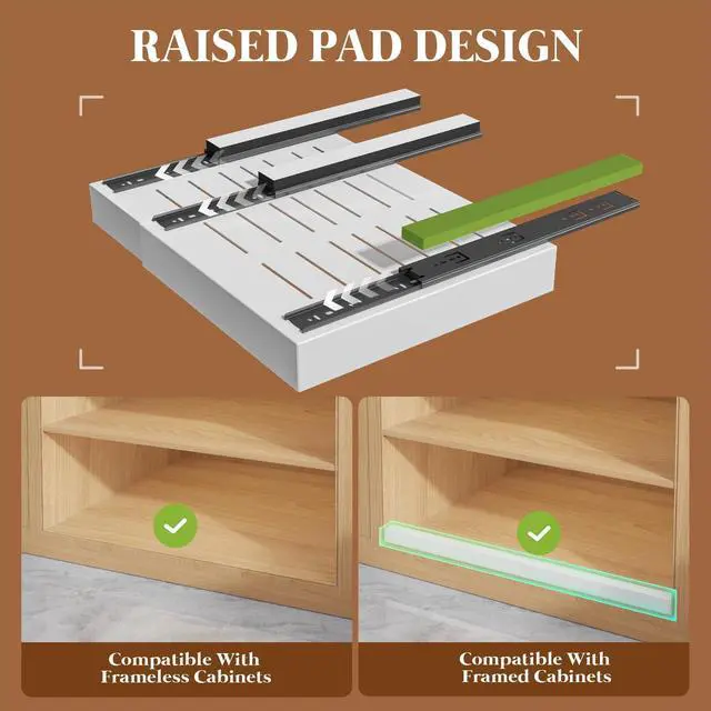 Alt view image 4 of 7 - 4 Pack Expandable Pull Out Cabinet Organizer 21"Deep With Raising Pad for Framed Cabinets,Upgrade 3 Slide Rails Slide Out Drawers,No Drill Roll Out Shelves,Adjustable Width 12.1"-20.4" White