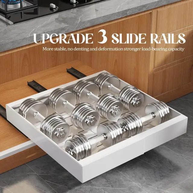 Alt view image 5 of 7 - 4 Pack Expandable Pull Out Cabinet Organizer 21"Deep With Raising Pad for Framed Cabinets,Upgrade 3 Slide Rails Slide Out Drawers,No Drill Roll Out Shelves,Adjustable Width 12.1"-20.4" White