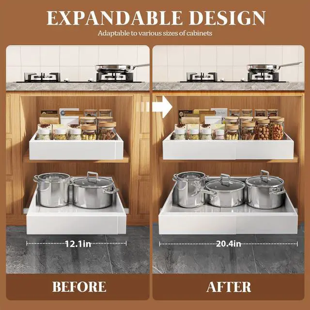 Alt view image 7 of 7 - 4 Pack Expandable Pull Out Cabinet Organizer 21"Deep With Raising Pad for Framed Cabinets,Upgrade 3 Slide Rails Slide Out Drawers,No Drill Roll Out Shelves,Adjustable Width 12.1"-20.4" White