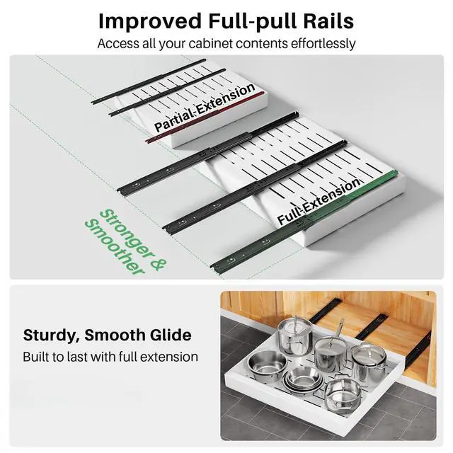 Alt view image 5 of 7 - Pull out Cabinet Organizer, 2-pack, Expandable(12"-20") Heavy Duty Slide out Drawers Fixed with Adhesive Nano Film for Pots, Roll out Shelf Storage for Kitchen Base Cabinet Organization(3 Rails)