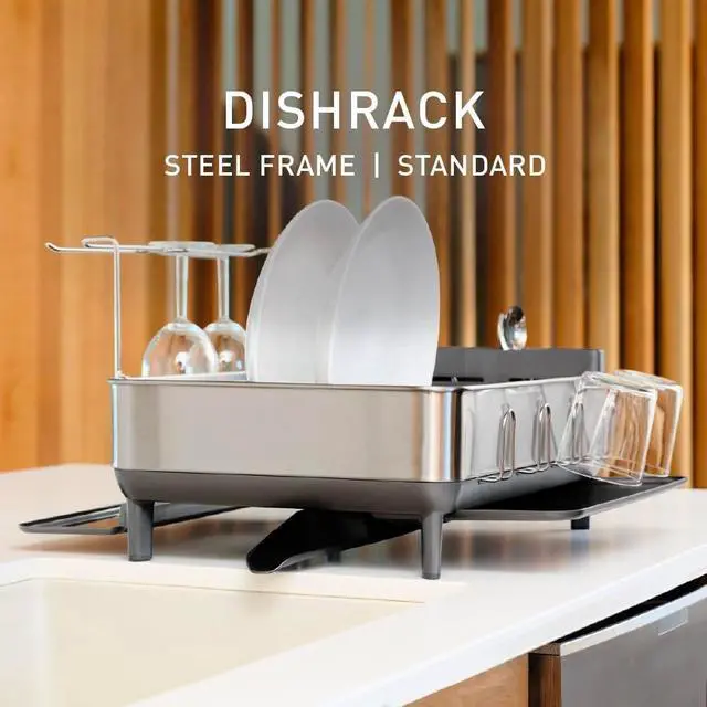 Alt view image 6 of 6 - Steel Frame Dishrack, Large Capacity Dish Drying Rack, 360º Easy Drain Swivel Spout, Utensil & Wine Glass Holder, Anti-Residue Coating, Moisture Control Surface, Brushed Stainless Steel