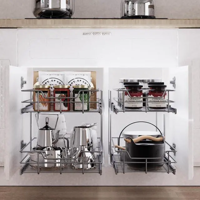 Alt view image 5 of 7 - 2 Tier Pull Out Cabinet Organizer 14" W X 22" D, Slide Out Drawers For Kitchen Cabinets, Pull Out Drawers For Cabinets Capacity Heavy Duty Caddy, Cabinet Pullout Shelves Chrome-Plated,Bathroom Pantry