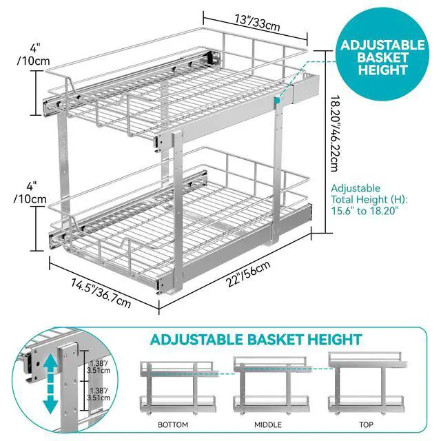Alt view image 2 of 7 - 2 Tier Pull Out Cabinet Organizer 14" W X 22" D, Slide Out Drawers For Kitchen Cabinets, Pull Out Drawers For Cabinets Capacity Heavy Duty Caddy, Cabinet Pullout Shelves Chrome-Plated,Bathroom Pantry