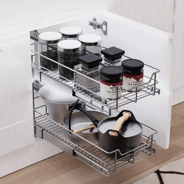 Alt view image 6 of 7 - 2 Tier Pull Out Cabinet Organizer 14" W X 22" D, Slide Out Drawers For Kitchen Cabinets, Pull Out Drawers For Cabinets Capacity Heavy Duty Caddy, Cabinet Pullout Shelves Chrome-Plated,Bathroom Pantry