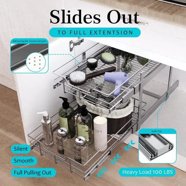 Alt view image 3 of 7 - 2 Tier Pull Out Cabinet Organizer 14" W X 22" D, Slide Out Drawers For Kitchen Cabinets, Pull Out Drawers For Cabinets Capacity Heavy Duty Caddy, Cabinet Pullout Shelves Chrome-Plated,Bathroom Pantry