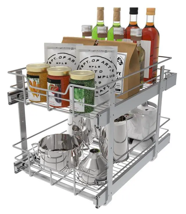 Alt view image 7 of 7 - 2 Tier Pull Out Cabinet Organizer 14" W X 22" D, Slide Out Drawers For Kitchen Cabinets, Pull Out Drawers For Cabinets Capacity Heavy Duty Caddy, Cabinet Pullout Shelves Chrome-Plated,Bathroom Pantry