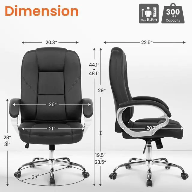 Alt view image 3 of 7 - Office Desk Ergonomic Gaming Computer Chair High Back Adjustable PU Leather with Lumbar Support, Swivel Rolling Wheels, Executive Managerial Task Chair (Jet Black)
