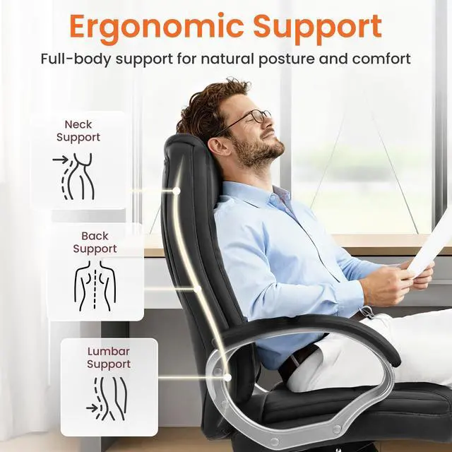 Alt view image 5 of 7 - Office Desk Ergonomic Gaming Computer Chair High Back Adjustable PU Leather with Lumbar Support, Swivel Rolling Wheels, Executive Managerial Task Chair (Jet Black)