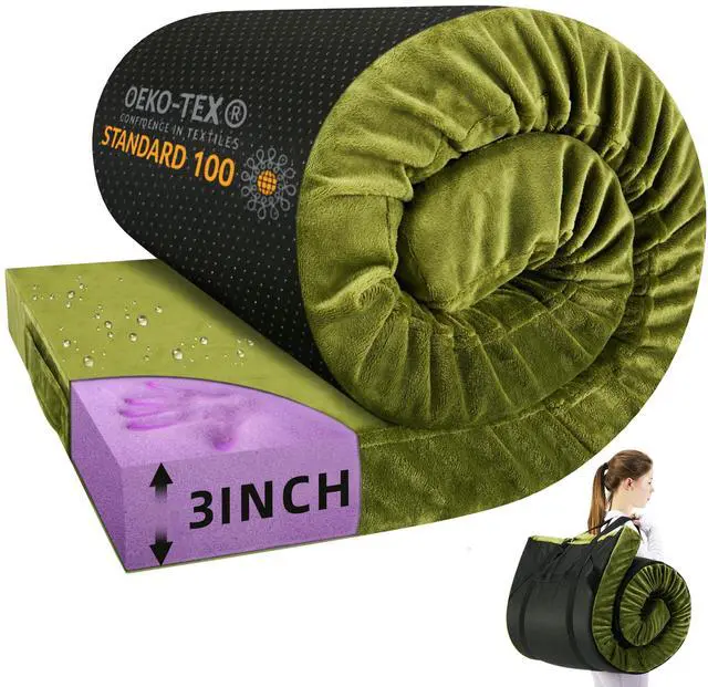 Main image of Memory Foam Camping Mattress Pad 3inch Cot Size Waterproof Roll Up Bed Sleeping Mat for Adults Portable Roll Up Mattress for Travel Guest Floor Bed Cot Mattress Pad for Car, Tent (Green, Cot)