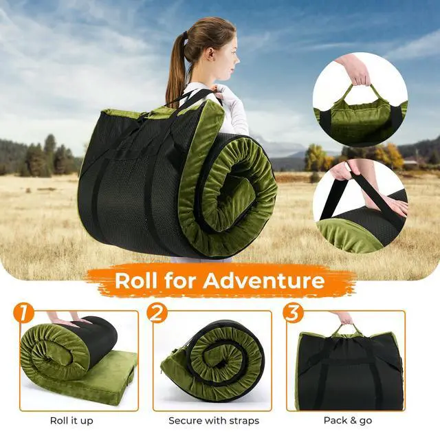 Alt view image 6 of 7 - Memory Foam Camping Mattress Pad 3inch Cot Size Waterproof Roll Up Bed Sleeping Mat for Adults Portable Roll Up Mattress for Travel Guest Floor Bed Cot Mattress Pad for Car, Tent (Green, Cot)